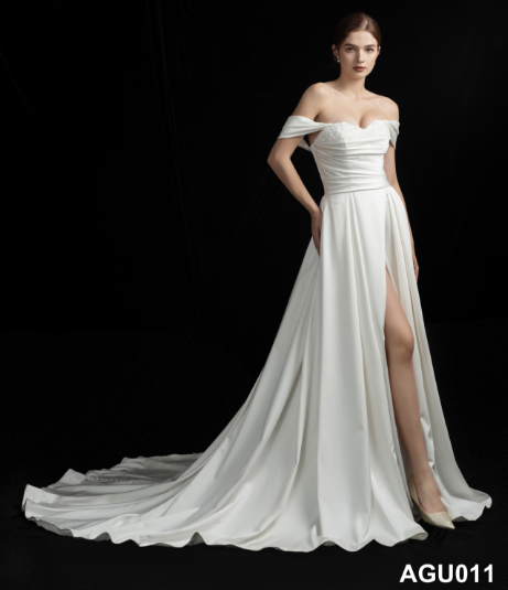 Handmade Beaded Sexy off Shoulder Civil Satin Split Bridal Gown Wedding Dress