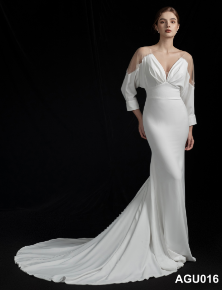 Lace clear Transparent Shoulder v Neck Backless Sexy Luxury Civil Satin Mermaid Wedding Dress