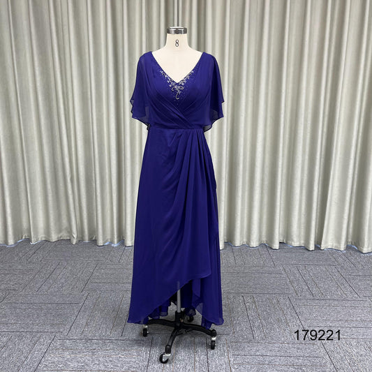 Navy Blue Plus Size Chiffon Short Sleeve  Hand Pleated Skirt Mother of the Bride Bridesmaid Dresses for Wedding