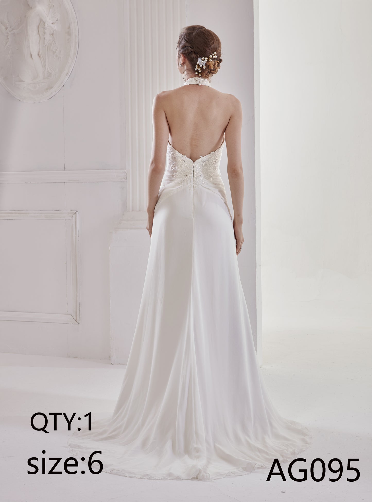 Custom-sized bridal gown for the bride's welcome address: Strapless French satin lace wrap-around silhouette with hip-hugging fishtail train and elegant draping.