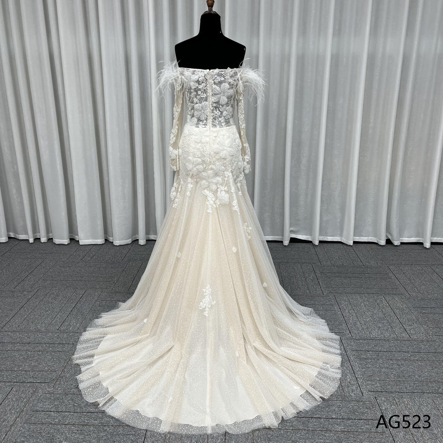 Lace 3D Beaded Lace Sweetheart Long Off Shoulder Champagne Sexy Sheer Mermaid Wedding Dresses Bridal Gown
