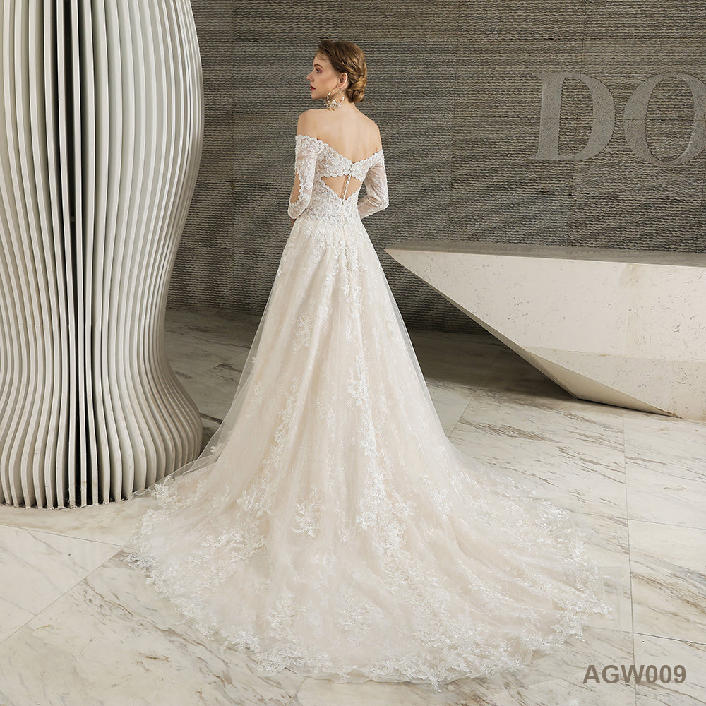 Seductive Lace Wedding Dress New Arrival Off-the-Shoulder Long-Sleeved Train Wedding Gown