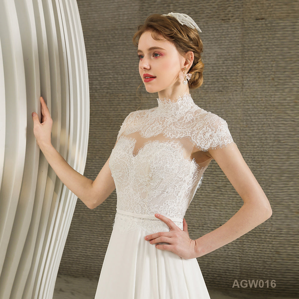 Lace Fabric Luxury Handmade Short Sleeve Backless Gown Bridal Wedding Dress for Civil Wedding