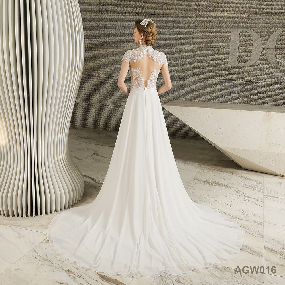 Lace Fabric Luxury Handmade Short Sleeve Backless Gown Bridal Wedding Dress for Civil Wedding