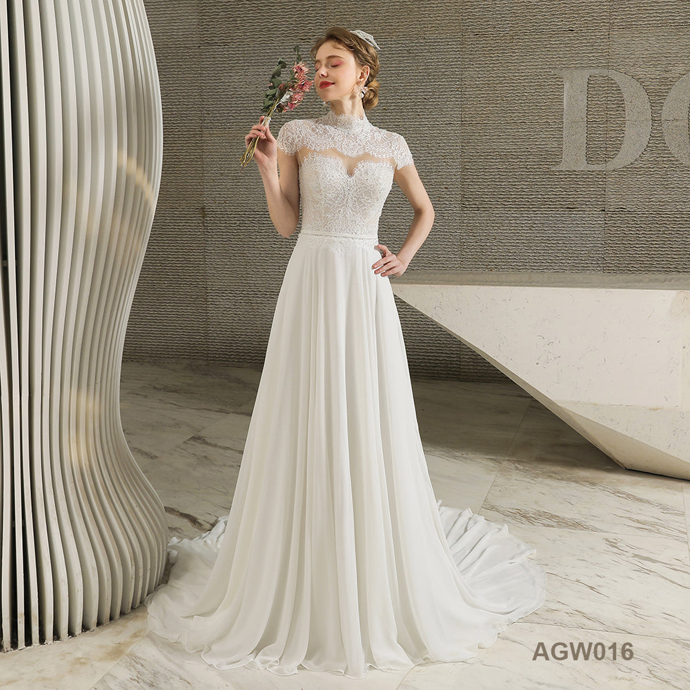 Lace Fabric Luxury Handmade Short Sleeve Backless Gown Bridal Wedding Dress for Civil Wedding