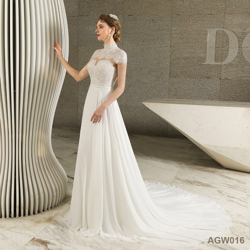 Lace Fabric Luxury Handmade Short Sleeve Backless Gown Bridal Wedding Dress for Civil Wedding