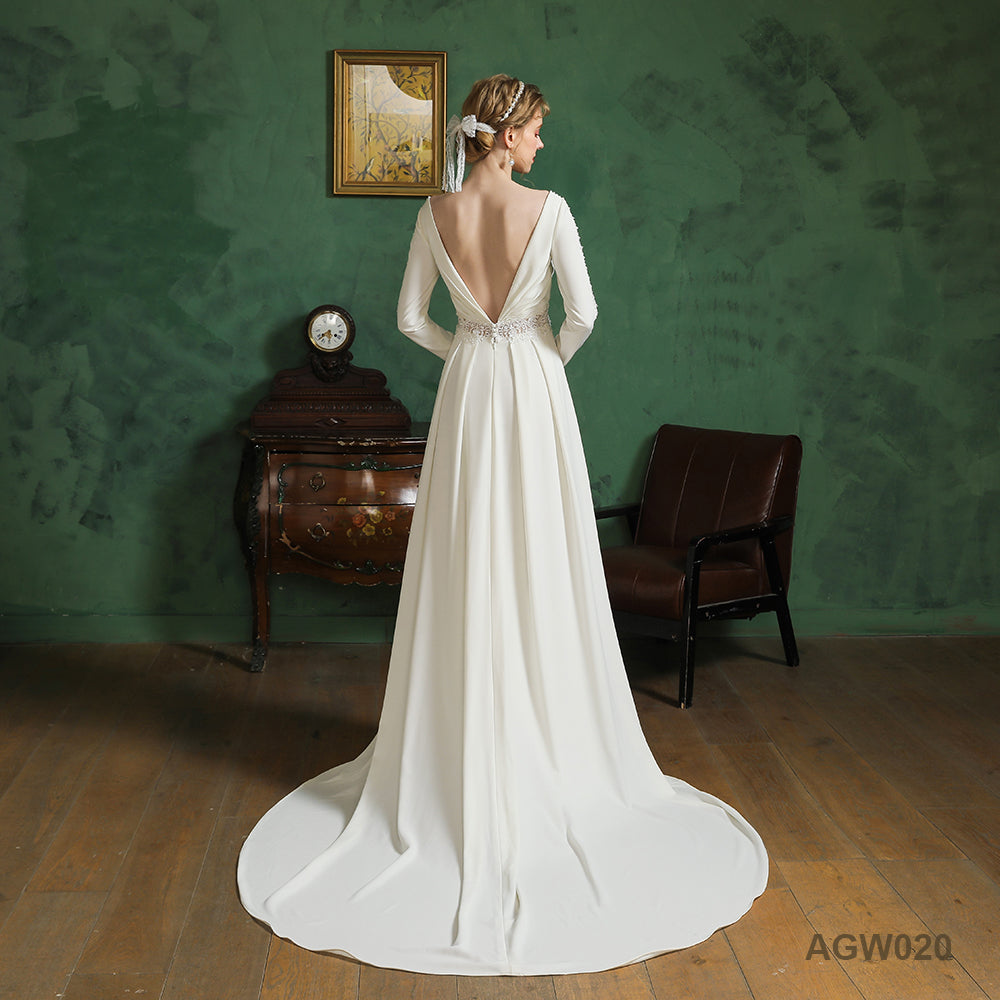 Customized Simple Style Bridal Long Train White Satin Embroidered Civil Dresses Floor Length Ball Gown Wedding Dress