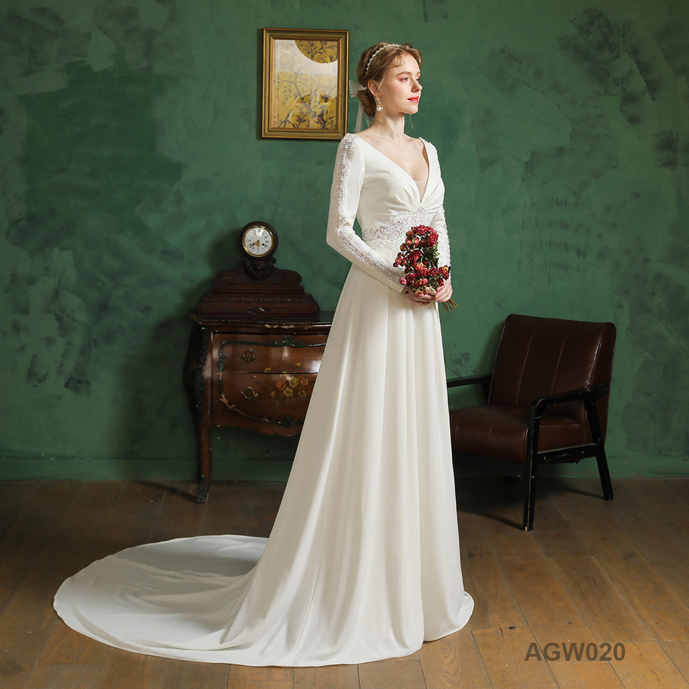 Customized Simple Style Bridal Long Train White Satin Embroidered Civil Dresses Floor Length Ball Gown Wedding Dress