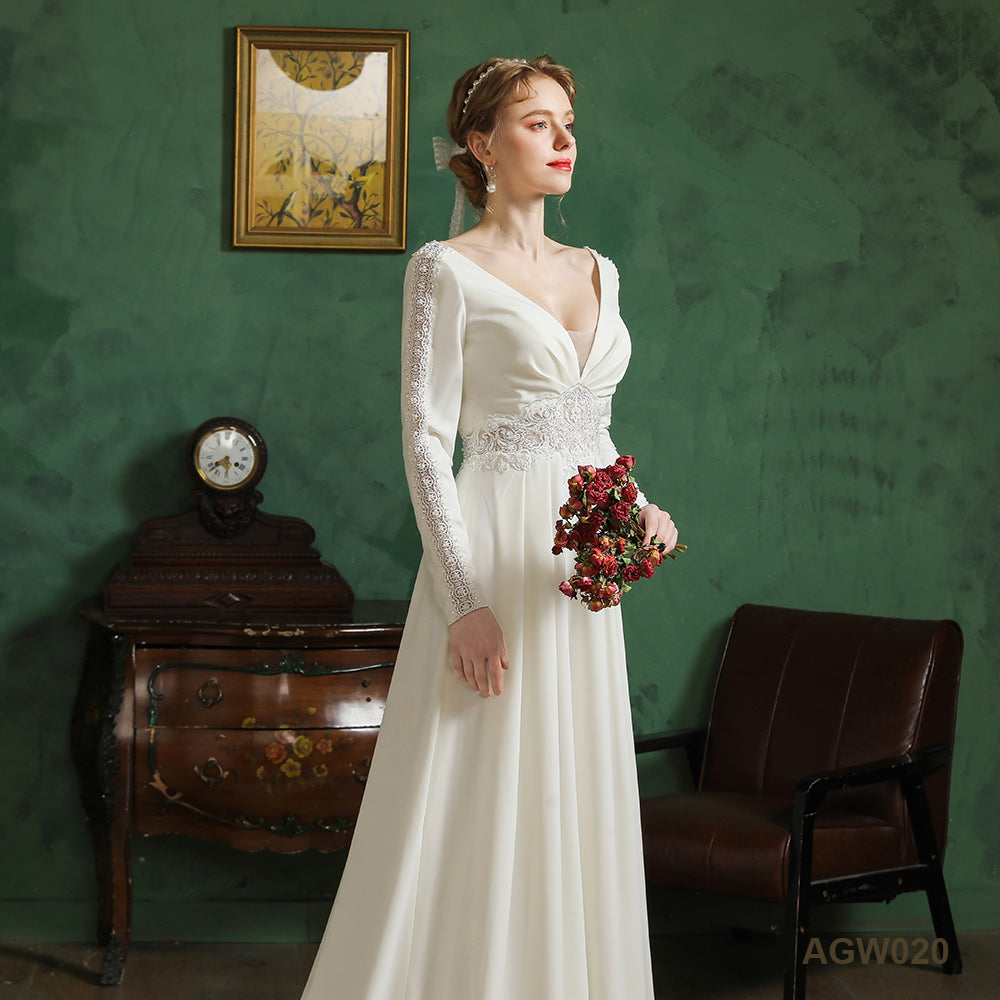 Customized Simple Style Bridal Long Train White Satin Embroidered Civil Dresses Floor Length Ball Gown Wedding Dress