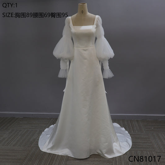 Simple Backless Illusion Lace Puffy Sleeves Wedding Dress Sweep Train Sheath Square Collar Bridal Gown