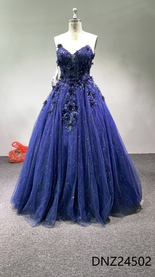 2025 New Navy Shiny Tulle a Line Sleeveless Lace up Back Elegant Prom Dress Ball Gown(副本)