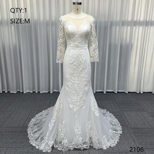 New Arrival Modern Illusion V-Neck Mermaid Wedding Dresses Bridal Gowns Full Sleeves Detachable Skirt Appliqued Crystal Lace