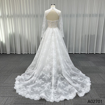 High Neck Lace Wedding Dress with Long Sleeves Sheer Tulle Ball Gown Bridal Gown with Chapel Train 2026