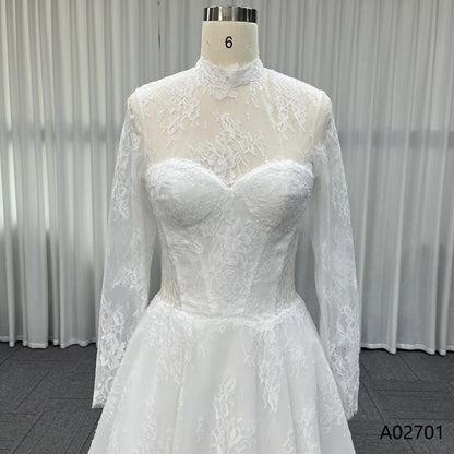 High Neck Lace Wedding Dress with Long Sleeves Sheer Tulle Ball Gown Bridal Gown with Chapel Train 2026