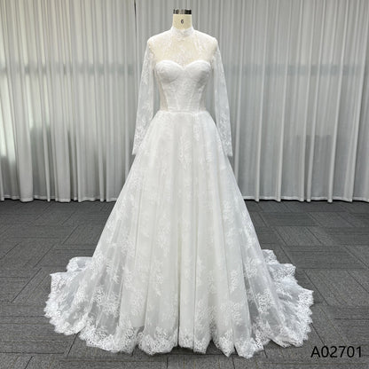 High Neck Lace Wedding Dress with Long Sleeves Sheer Tulle Ball Gown Bridal Gown with Chapel Train 2026