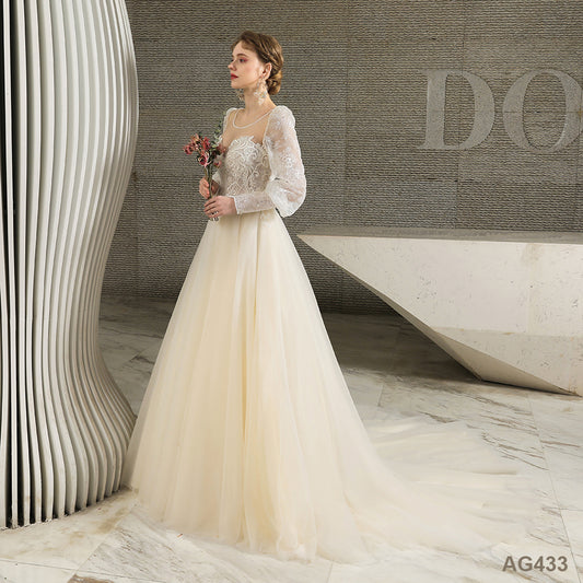 New Luxury Crocheted Sequin Backless Shining Beads Lace Trailing Party Bride Wedding Dress