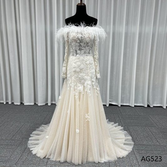 Lace 3D Beaded Lace Sweetheart Long Off Shoulder Champagne Sexy Sheer Mermaid Wedding Dresses Bridal Gown