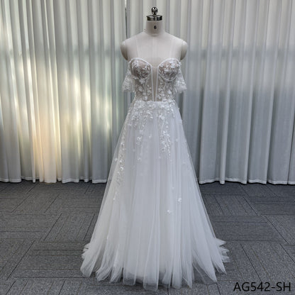 New Arrival Civil Vestidos De Novia A-line Detachable Sleeves Sparkle Tulle Women Wedding Dress