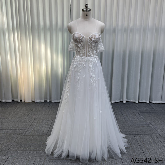 New Arrival Civil Vestidos De Novia A-line Detachable Sleeves Sparkle Tulle Women Wedding Dress