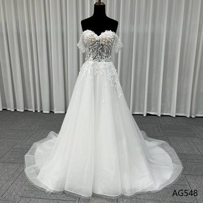 Wholesale Factory Price Off Shoulder White Shining Wedding Gown Elegant Lace Up Style Women'S Wedding Dress For Bride