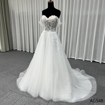 Wholesale Factory Price Off Shoulder White Shining Wedding Gown Elegant Lace Up Style Women'S Wedding Dress For Bride