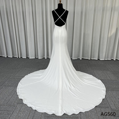 Custom Made Simple Satin Wedding Dresses V Neck Spaghetti Strap Backless Mermaid Bridal Gowns