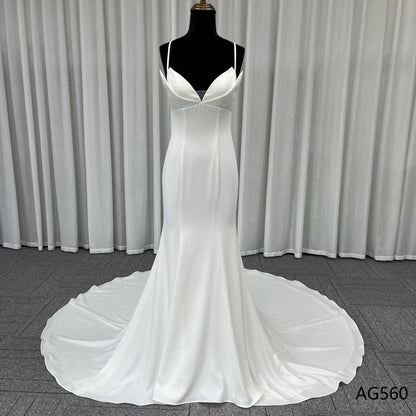 Custom Made Simple Satin Wedding Dresses V Neck Spaghetti Strap Backless Mermaid Bridal Gowns