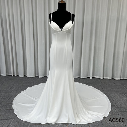 Custom Made Simple Satin Wedding Dresses V Neck Spaghetti Strap Backless Mermaid Bridal Gowns