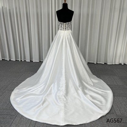 Vintage Sleeveless Empire Satin Pearls Ball Gown Wedding Dresses