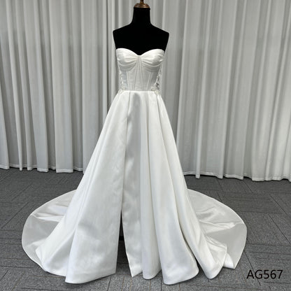 Vintage Sleeveless Empire Satin Pearls Ball Gown Wedding Dresses