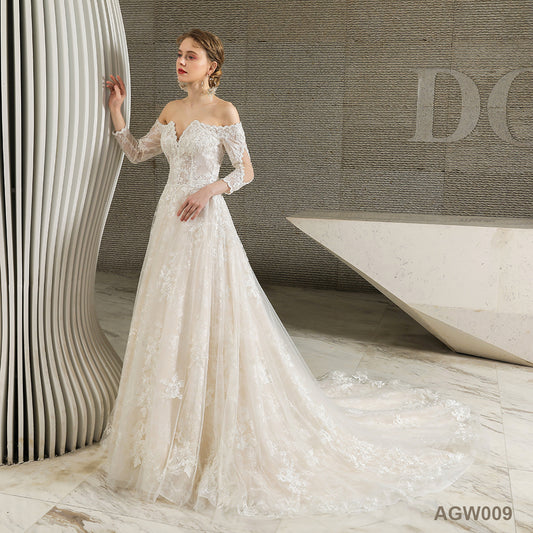 Seductive Lace Wedding Dress New Arrival  Off-the-Shoulder Long-Sleeved Train Wedding Gown