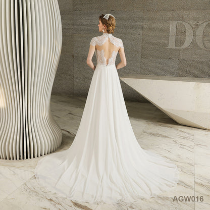 Lace Fabric Luxury Handmade Short Sleeve Backless Gown Bridal Wedding Dress for Civil Wedding
