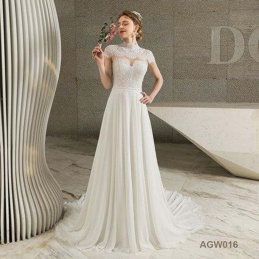 Lace Fabric Luxury Handmade Short Sleeve Backless Gown Bridal Wedding Dress for Civil Wedding