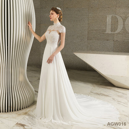 Lace Fabric Luxury Handmade Short Sleeve Backless Gown Bridal Wedding Dress for Civil Wedding