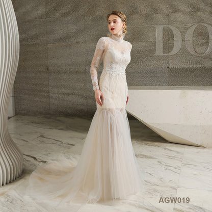 White Color Bridal Maids High Ivory Mermaid Lace Mock Neck Wedding Dress