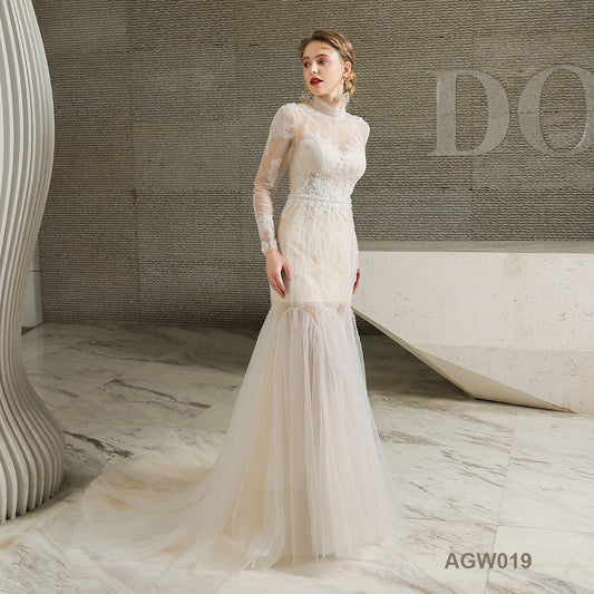 White Color Bridal Maids High Ivory Mermaid Lace Mock Neck Wedding Dress