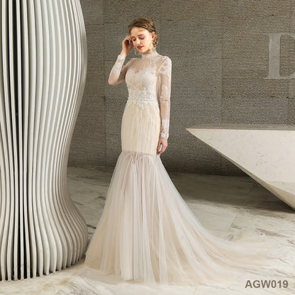 White Color Bridal Maids High Ivory Mermaid Lace Mock Neck Wedding Dress