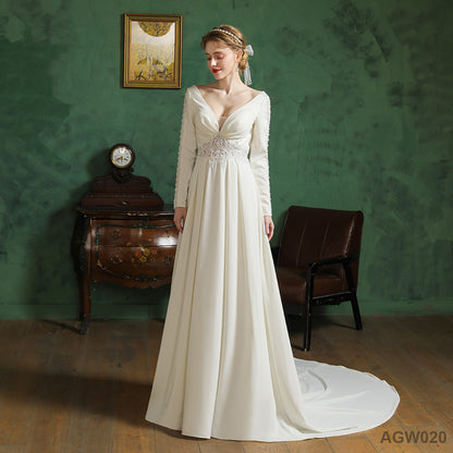 Customized Simple Style Bridal Long Train White Satin Embroidered Civil Dresses Floor Length Ball Gown Wedding Dress