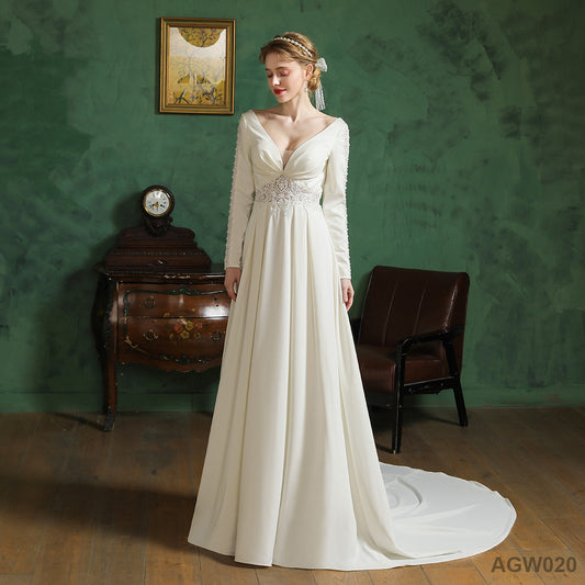 Customized Simple Style Bridal Long Train White Satin Embroidered Civil Dresses Floor Length Ball Gown Wedding Dress