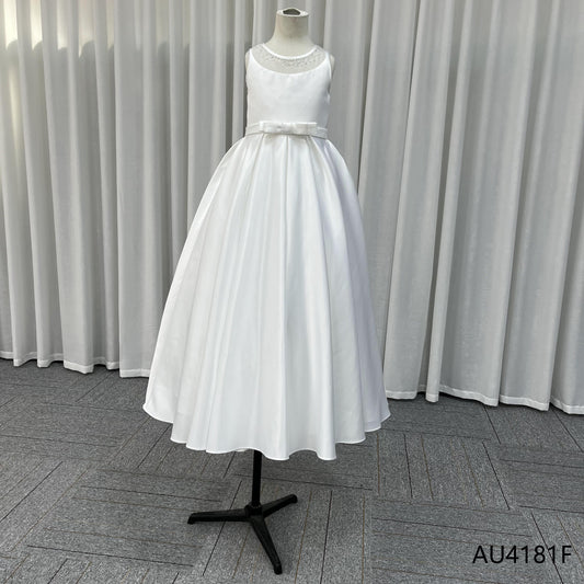 Wedding Party White Satin Top Tulle Big Bow V Back Tulle Long Children Frock Birthday Holiday Kids Dresses for Flower Girls
