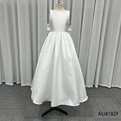2025 Wedding Party White Satin Sleeveless Big Bow V Back Tulle Long Children's Dress Brithday Gift Holiday Children's Flower Season Girl Dresses