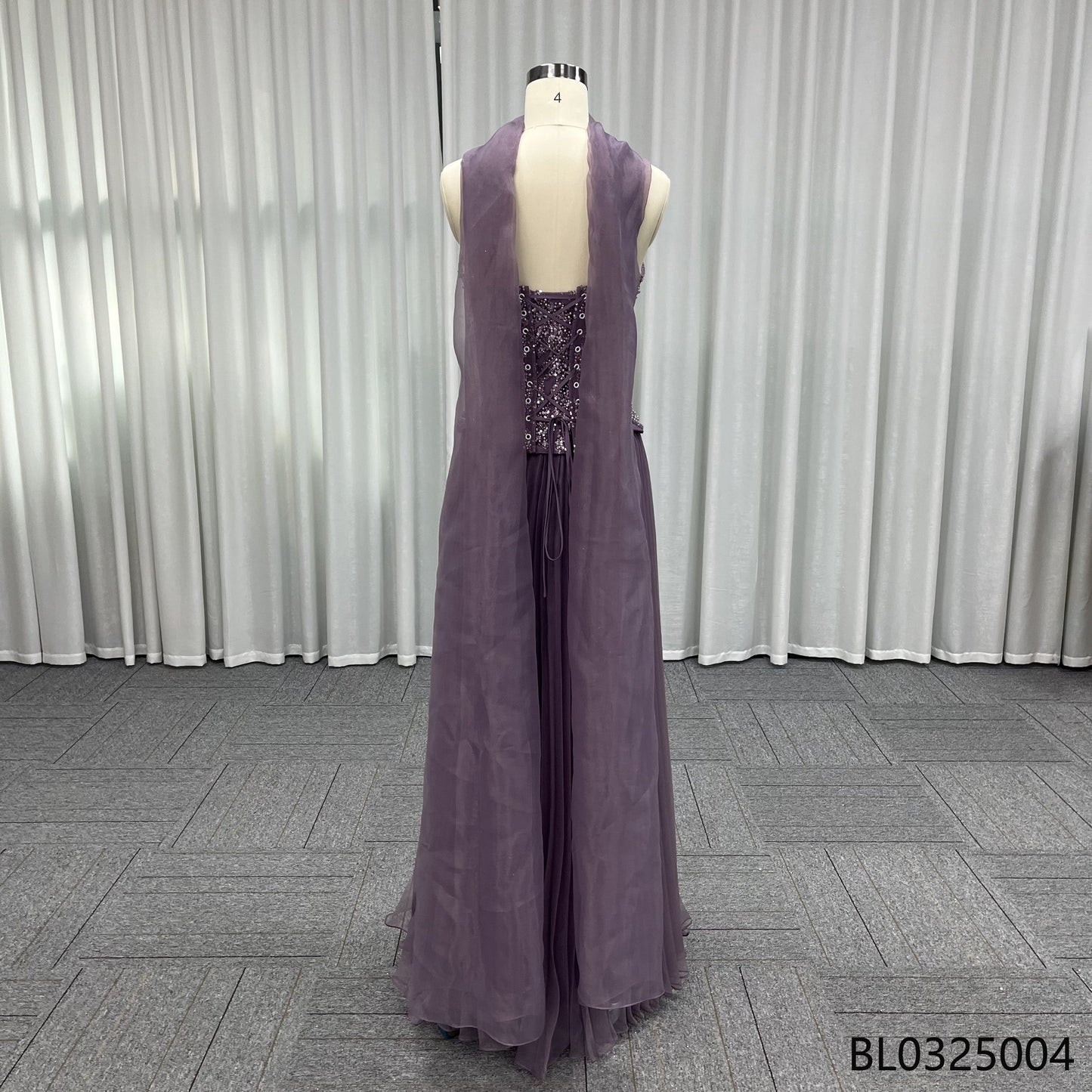 Purple Exquisite Floor-length Gown Paired with Matching Silk Scarf Pleated A-line Silhouette Beaded Waistband Party Evening Gown
