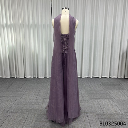 Purple Exquisite Floor-length Gown Paired with Matching Silk Scarf Pleated A-line Silhouette Beaded Waistband Party Evening Gown