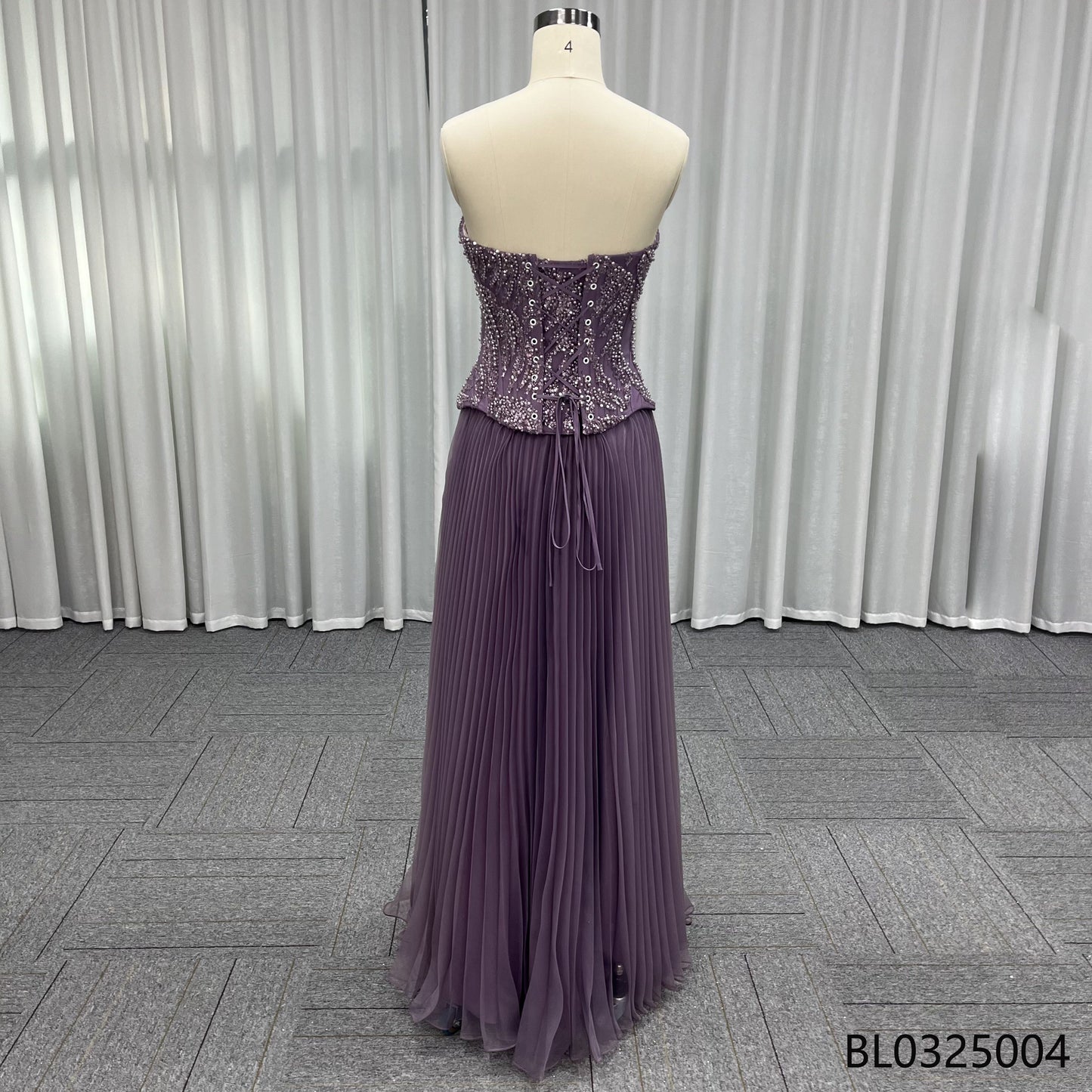 Purple Exquisite Floor-length Gown Paired with Matching Silk Scarf Pleated A-line Silhouette Beaded Waistband Party Evening Gown