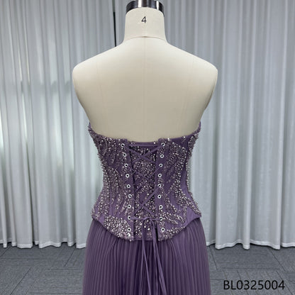 Purple Exquisite Floor-length Gown Paired with Matching Silk Scarf Pleated A-line Silhouette Beaded Waistband Party Evening Gown