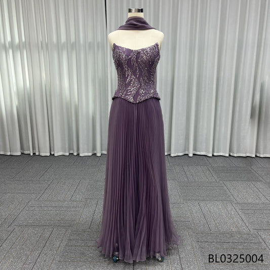 Purple Exquisite Floor-length Gown Paired with Matching Silk Scarf Pleated A-line Silhouette Beaded Waistband Party Evening Gown