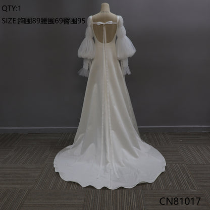 Simple Backless Illusion Lace Puffy Sleeves Wedding Dress Sweep Train Sheath Square Collar Bridal Gown