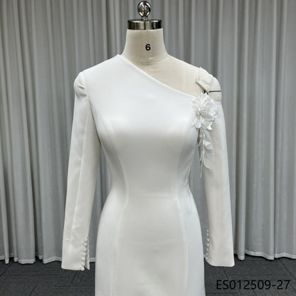 Off Shoulder Draped Satin Mermaid Wedding Dress Ruched Waist Bridal Gown With Sweep Train