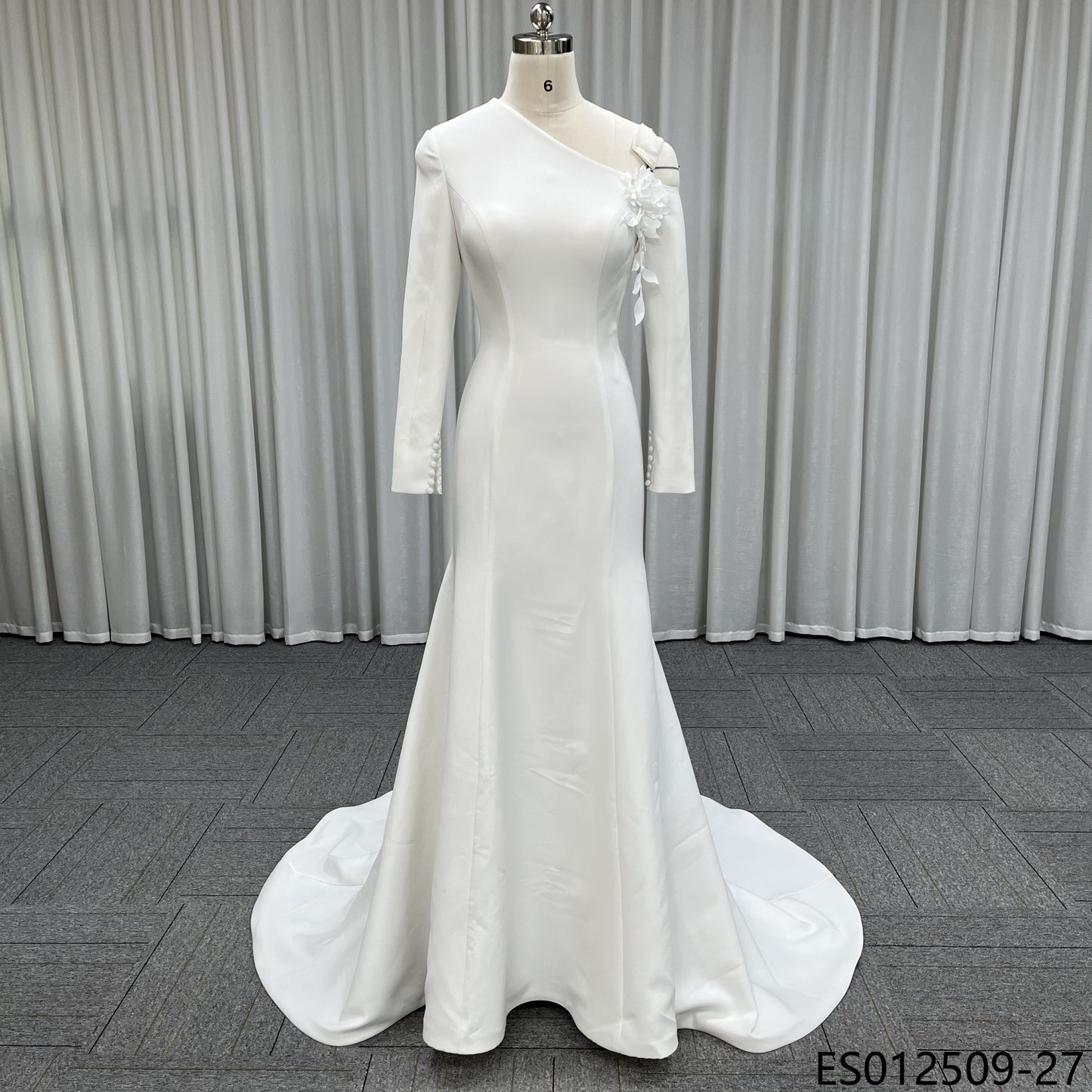 Off Shoulder Draped Satin Mermaid Wedding Dress Ruched Waist Bridal Gown With Sweep Train