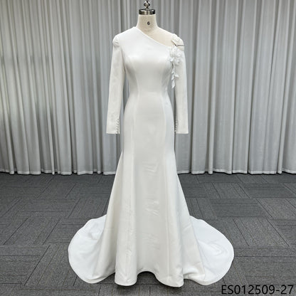 Off Shoulder Draped Satin Mermaid Wedding Dress Ruched Waist Bridal Gown With Sweep Train